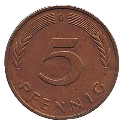 Монета 5 пфеннигов. 1983 год (D), ФРГ. Из обращения. Дубовые листья.