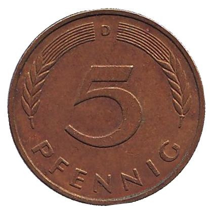 Монета 5 пфеннигов. 1983 год (D), ФРГ. Дубовые листья.