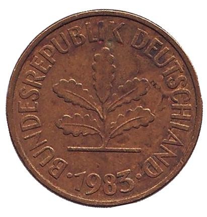 Монета 5 пфеннигов. 1983 год (D), ФРГ. Дубовые листья.