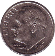 Монета 10 центов. 1999 (P) год, США. Рузвельт. Монета 10 центов. 1999 (P) год, США. Рузвельт.