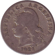 Монета 20 сентаво. 1921 год, Аргентина.