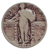 Монета 25 центов. 1930 год, США. (Без отметки монетного двора) Монета 25 центов. 1930 год, США. (Без отметки монетного двора)
