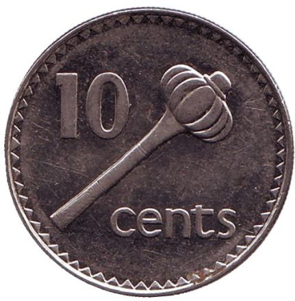 Монета 10 центов. 1998 год, Фиджи. Метательная дубинка - ула тава тава.