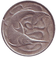 Монета 20 центов. 1976 год. Сингапур. Рыба-меч. Монета 20 центов. 1976 год. Сингапур. Рыба-меч.