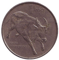Монета 1 песо. 1984 год, Филиппины. Буйвол.