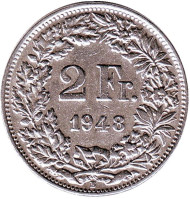 Монета 2 франка. 1948 год, Швейцария. Гельвеция.