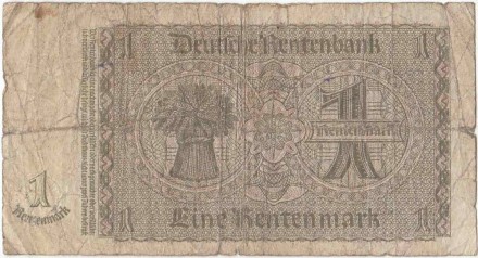 Банкнота 1 рентенмарка. 1937 год, Веймарская республика. P-173b(1). Банкнота 1 рентенмарка. 1937 год, Веймарская республика. P-173b(1).