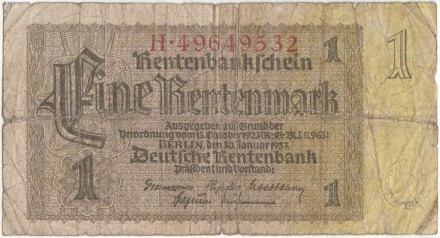 Банкнота 1 рентенмарка. 1937 год, Веймарская республика. P-173b(1).