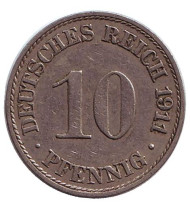 Монета 10 пфеннигов. 1911 год (A), Германская империя. Монета 10 пфеннигов. 1911 год (A), Германская империя.