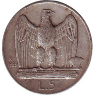 Монета 5 лир. 1929 год, Италия. Орёл. " *FERT* ". Монета 5 лир. 1929 год, Италия. Орёл. " *FERT* ".
