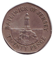 Монета 20 пенсов. 1986 год, Джерси. Маяк в Ла-Корбьере. Монета 20 пенсов. 1986 год, Джерси. Маяк в Ла-Корбьере.