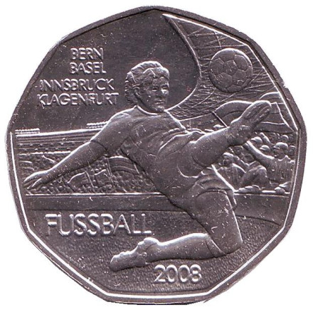 Монета 5 евро. 2008 год, Австрия. Чемпионат Европы по футболу 2008 года. Берн, Базель, Инсбрук, Клагенфурт.
