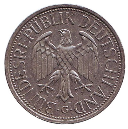 Монета 1 марка. 1985 год (G), ФРГ. Монета 1 марка. 1985 год (G), ФРГ.