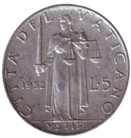 Монета 5 лир. 1952 год, Ватикан. Богиня правосудия. Монета 5 лир. 1952 год, Ватикан. Богиня правосудия.