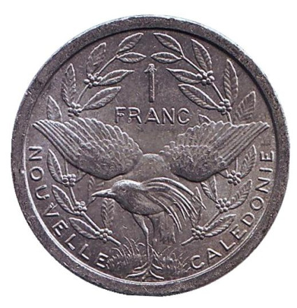 Монета 1 франк. 1977 год, Новая Каледония. Из обращения. Птица кагу.