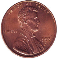 Монета 1 цент. 1998 год (D), США. Линкольн. Монета 1 цент. 1998 год (D), США. Линкольн.