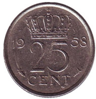 Монета 25 центов. 1958 год, Нидерланды Монета 25 центов. 1958 год, Нидерланды