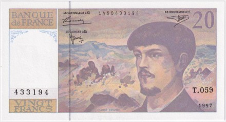 Банкнота 20 франков. 1997 год, Франция. Клод Дебюсси.