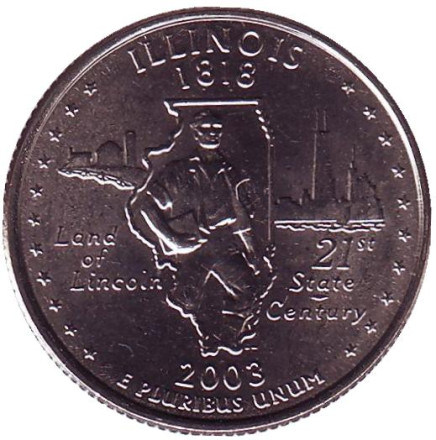 Монета 25 центов (D). 2003 год, США. Иллинойс. Штат № 21.