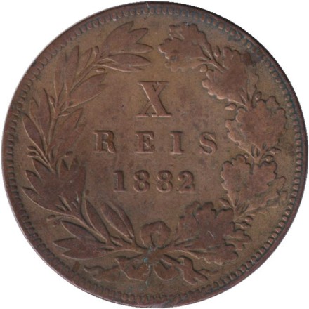 Монета 10 рейсов. 1882 год, Португалия. Монета 10 рейсов. 1882 год, Португалия.