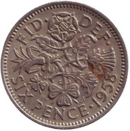 Монета 6 пенсов. 1958 год, Великобритания. Флора: лук-порей, роза, чертополох и трилистник.