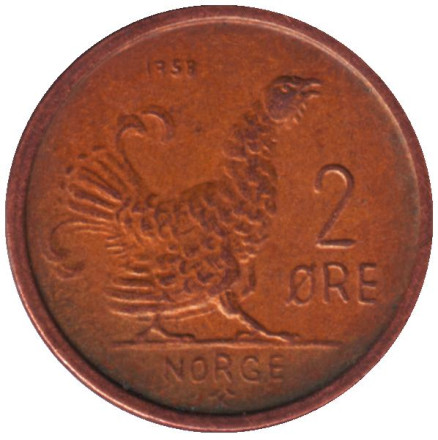 Монета 2 эре. 1958 год, Норвегия. Курица.