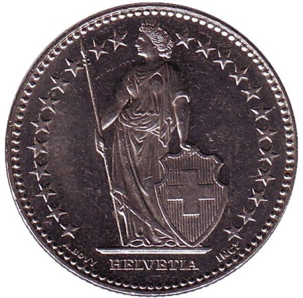 Монета 2 франка. 2010 год, Швейцария. Гельвеция. Монета 2 франка. 2010 год, Швейцария. Гельвеция.