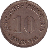 Монета 10 пфеннигов. 1915 год (D), Германская империя. Монета 10 пфеннигов. 1915 год (D), Германская империя.