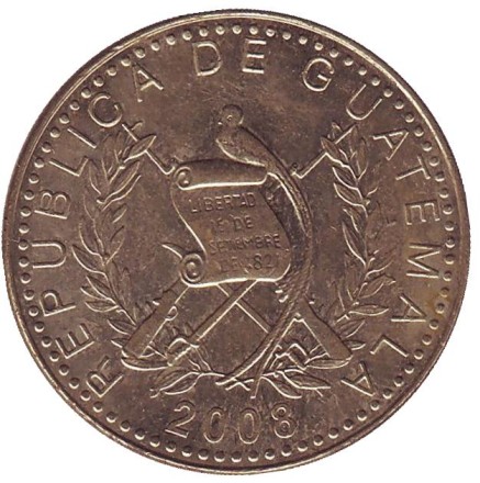 Монета 1 кетцаль, 2008 год, Гватемала.