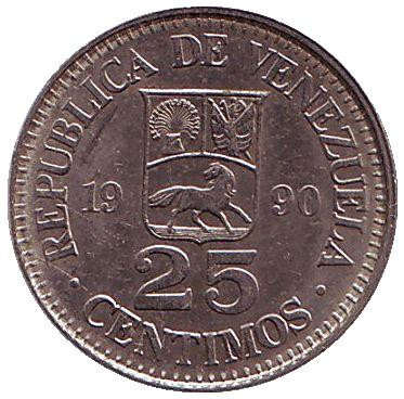 Монета 25 сентимо. 1990 год, Венесуэла.