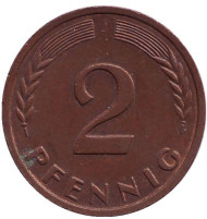 Монета 2 пфеннига. 1962 год (J), ФРГ. Дубовые листья. Монета 2 пфеннига. 1962 год (J), ФРГ. Дубовые листья.