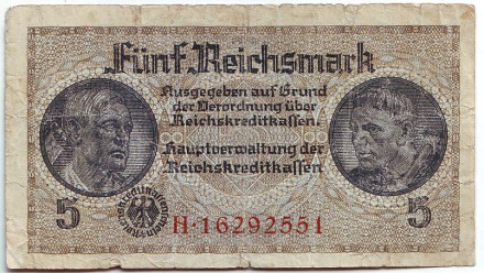 Банкнота 5 рейхсмарок. 1940-1945 гг., Третий Рейх. (Оккупированные территории). Тип 1.