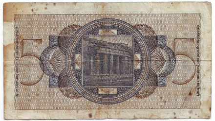 Банкнота 5 рейхсмарок. 1940-1945 гг., Третий Рейх. (Оккупированные территории). Тип 1. Банкнота 5 рейхсмарок. 1940-1945 гг., Третий Рейх. (Оккупированные территории). Тип 1.