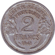 Монета 2 франка. 1941 год, Франция. Монета 2 франка. 1941 год, Франция.