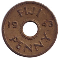 Монета 1 пенни. 1943 год, Фиджи. Монета 1 пенни. 1943 год, Фиджи.