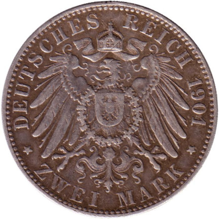 Монета 2 марки. 1901 год, Германская империя. Пруссия. 200-летие королевства Пруссия. Монета 2 марки. 1901 год, Германская империя. Пруссия. 200-летие королевства Пруссия.