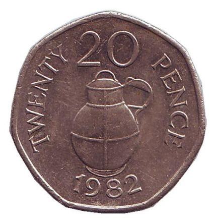 Монета 20 пенсов. 1982 год, Гернси. Бидон для молока.