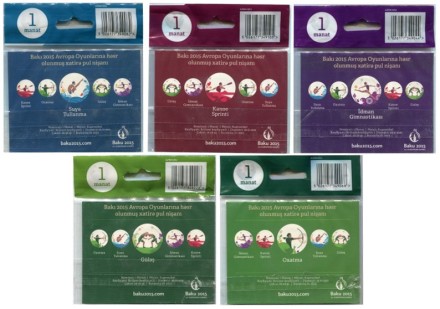 Первые Европейские Игры в Баку. Набор из 5 монет в открытках. 1 манат. 2015 год, Азербайджан.