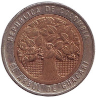 Монета 500 песо. 1994 год, Колумбия. Цветущее дерево гуакари. Монета 500 песо. 1994 год, Колумбия. Цветущее дерево гуакари.