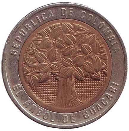 Монета 500 песо. 1994 год, Колумбия. Цветущее дерево гуакари.