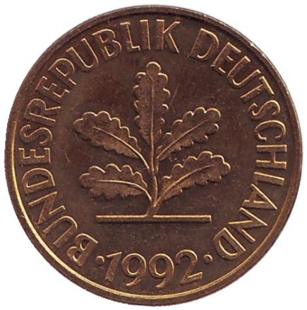 Монета 10 пфеннигов. 1992 год (F), ФРГ. Дубовые листья.