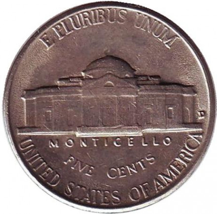 Монета 5 центов. 1957 год (D), США. Джефферсон. Монтичелло.