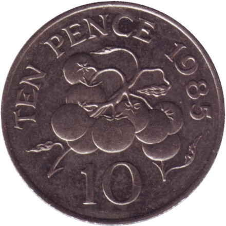 Монета 10 пенсов, 1985 год, Гернси. Ветка томата.