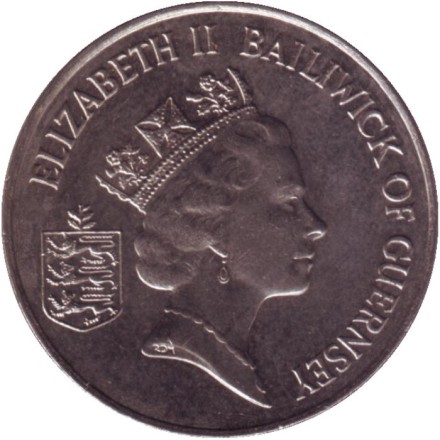 Монета 10 пенсов. 1985 год, Гернси. Ветка томата.