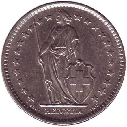 Монета 2 франка. 1978 год, Швейцария. Гельвеция. Монета 2 франка. 1978 год, Швейцария. Гельвеция.