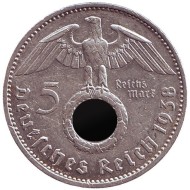 Монета 5 рейхсмарок. 1938 год, Германия (Третий Рейх). (A). Монета 5 рейхсмарок. 1938 год, Германия (Третий Рейх). (A).