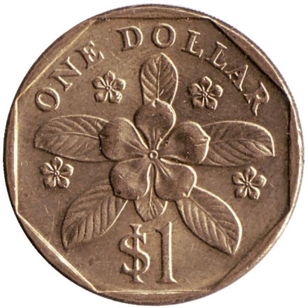 Монета 1 доллар, 2008 год, Сингапур. Барвинок.