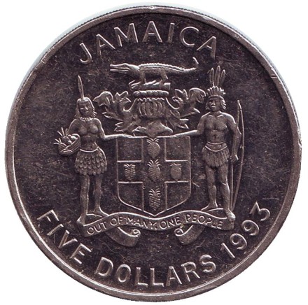 Монета 5 долларов. 1993 год, Ямайка. 100 лет со дня рождения Нормана Вашингтона Мэнли. Монета 5 долларов. 1993 год, Ямайка. 100 лет со дня рождения Нормана Вашингтона Мэнли.