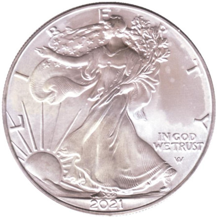 Монета 1 доллар, 2021 год, США. Шагающая свобода. Орел с дубовой веткой.