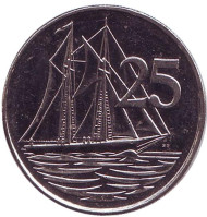 Монета 25 центов. 2005 год, Каймановы острова. Парусник.